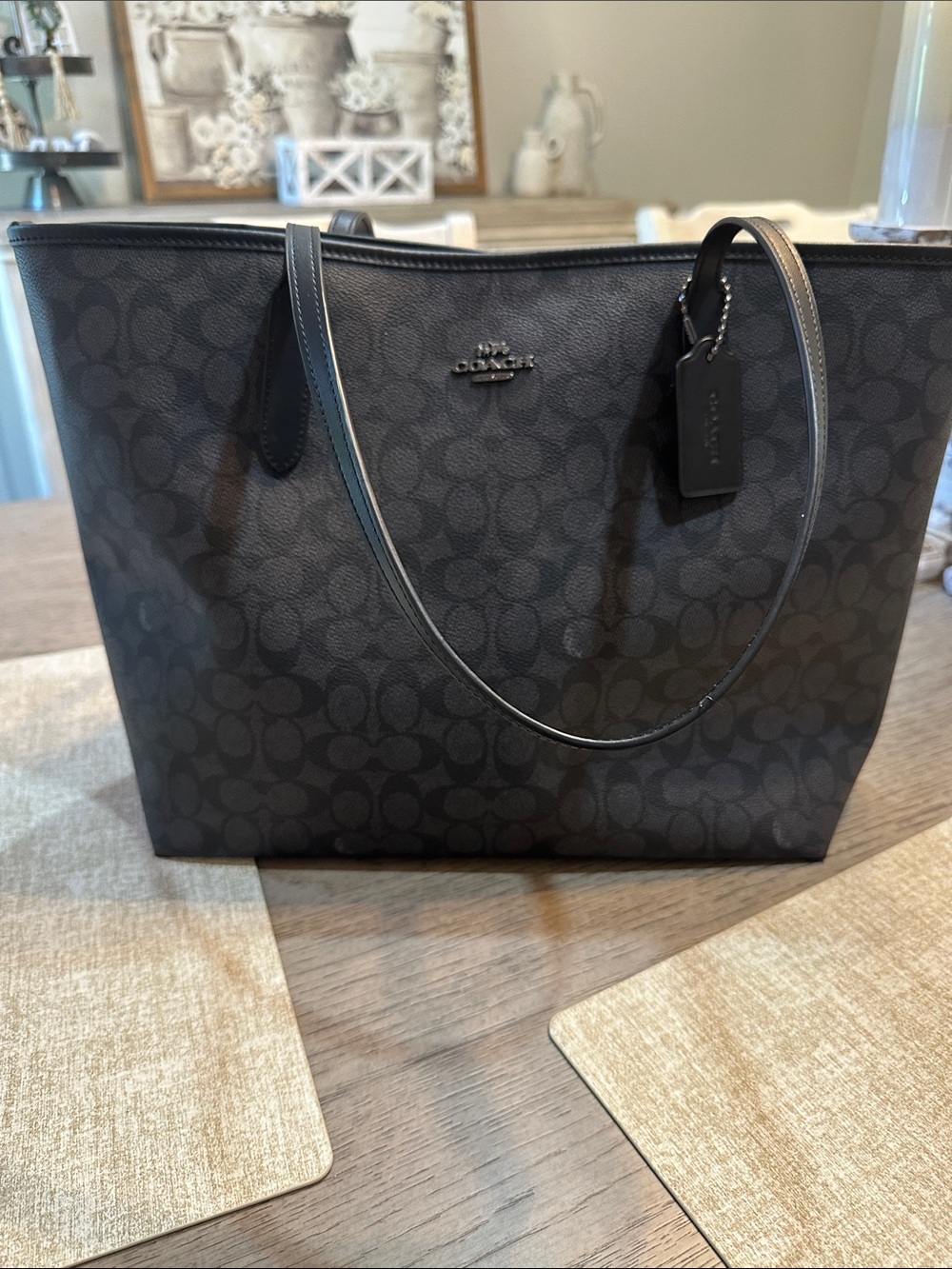 Coach Black Signature Canvas City Tote with Leather Trim
